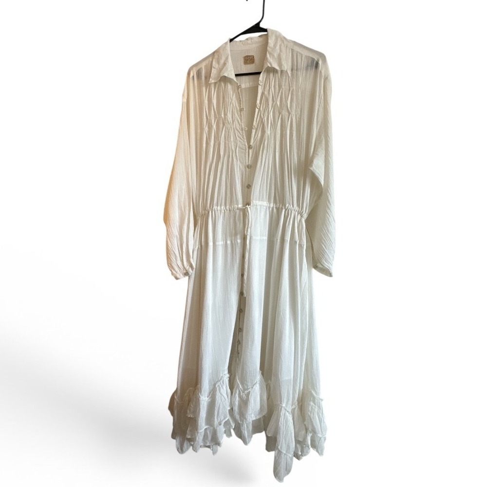 Free People Cream Maxi Button-Front Ruffled Bohemian Sea La Vie Dress - Picture 2 of 16
